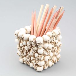 Decorative Objects Figurines Square small skull pen holder human head desktop storage cylinder resin flower pot Gothic decorative ornament H240518