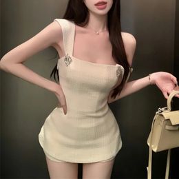 2024 Summer Korean Sexy Backless Bow Cute Solid Tank Top WomensHigh Waist Casual Full Short Two Piece Set 240515