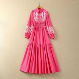 Casual Dresses European And American Women's Clothes 2024 Spring Long Sleeve Lapel Flower Embroidery Fashion Cotton Pleated Dress XXL