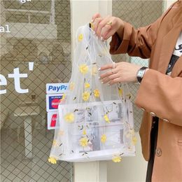 Shoulder Bags Women Transparent Tote Organza Yarn Cloth Bag Embroidery Flowers Handbag High Quality Eco Shopping Purses For Girls