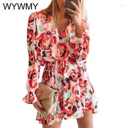 Casual Dresses Spring Floral Print Dress High Waist Slim V-neck Bubble Sleeve Chiffon Autumn Long Elegant Women Mini