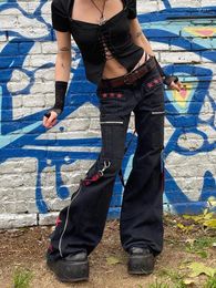 Women's Jeans 2024 Gothic Black Flared Women Chain Grunge Baggy Low Waist Denim Pants Casual Basic Streetwear 90s Trousers