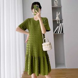 Maternity Dresses Green black pregnant woman summer knitted mini dress short sleeved O-neck elastic fishtail elegant H240517