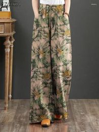 Women's Pants 2024 Bohemian Floral Printed Autumn Fashion Wide Leg Pant Woman Casual Cotton Long Trousers Vintage Elastic Palazzo