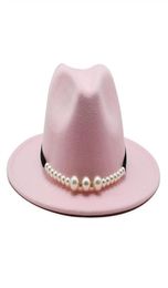 fedora solid elegant pearl belt buckle classic winter women hats pink fascinator wedding formal felt hat womens7433680
