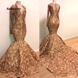 Pailletten Applique Meerjungfrau Abendkleider echtes Bild Langarm Gold Champagner 3d Rose Blumenboden Afrikanische schwarze Mädchen Prom Kleid 259g