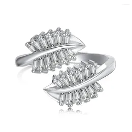 Cluster Rings S925 Sterling Silver Open Ring Women's Zircon Row Diamond Design With Leaf Shapes For Personalised Fashion
