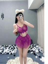 Work Dresses Sexy Fun High Split Cheongsam Soft Mature Sheer Lace Skirt Set V Neck Sling Erotic Crotchless Tops Breathable Charm MFBT