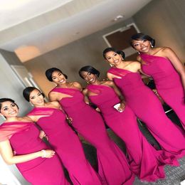 African Fuschia Mermaid Lond Bridesmaid Dresses 2020 One Shoulder Ruched Floor Length Wedding Guest Gowns Maid Of Honours Dresses BM0861 223S