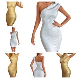 Kleider Sommerkleid sexy Vestido de Mujer Mini Kleider Sommer Ein Schulterbleistiftkleider über Knie Mini ärmellose Gold Silber Sml Kleider für Frauen formelles Kleid