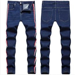 Men's Pants Mens Side Stripe Jeans Trousers New Fashion Cotton Straight Elastic Denim Pants Classic Style Jean Hombre Male Pants J240510