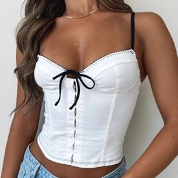 Women's Tanks HEZIOWYUN Women Y2K Vintage Sweet Slim Back Zipped Tops Tie-Up Bow Front Spaghetti Strap Vest Show Hook And Eye Corset