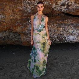 Beach Dress Summer Women 2024 Bikini Female Clothing Ink Print Halter Fold Skirt Suit Spandex Wear Bath Swimsuit Swim Cover