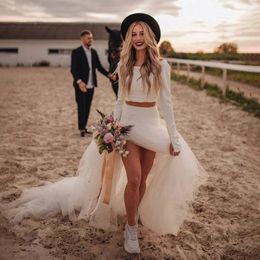 Romantic two-piece Bohemian Jersey wedding dress with long sleeves draped waist pleated edges thin gauze exquisite casual wedding dress 240515