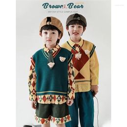 Clothing Sets Children's Detachable Tie Diamond Checker Shirt Spring Autumn Boys' Bear Vest Pants