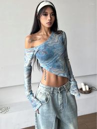 Women's T Shirts Vintage Streetwear Y2k Women Clithes Crop Top Harajuku T-shirts Hip Hop Long Sleeve Skew Neck Sexy Mesh Club See-through