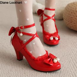 Spring Women High Heels Cross Strap Mary Jane Pumps Party Wedding Cosplay White Red Black String Bead Bow Princess Lolita Shoes 240515