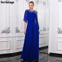 Party Dresses Sevintage Royal Blue Chiffon Prom Dress A-Line O Neck Half Sleeves Sequineds Floor Length Evening Vestidos De Gala 2024