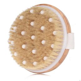 Bath Brushes Sponges Scrubbers Cellite Circation Mas Brush With Natural Bristles Round Wooden Shower Body For Wet Or Dry Brushing Back Dh0Ja