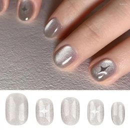 False Nails French Fashion Cat's Eye Star Short Round Nail Tips Full Cover Solid Grey Fake For Salon