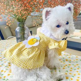 Dog Apparel Clothes Yellow Plaid Sun Flower Bee Dress For Small Puppy Pet Cat Cloth Summer Birthday Skirt Cute Costume