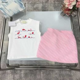 Top Baby Clothes tracksuits high quality girls dresses sets Size 100-150 CM 2pcs Fish Jump Printed Sleeveless T-shirt and Pink Skirt July17