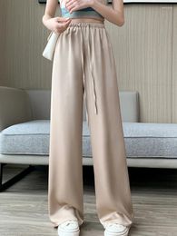 Women's Pants High Waist Wide Leg Summer Satin Casual Ice Silk Straight Trousers Elastic Drawstring Slim Thin Soft