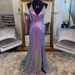 Party Dresses Sequins Prom Dress 2024 Sheath Sexy Formal Evening Gowns Spaghetti Neck High Split Side Deep V Gold Blue Silver