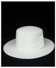 100 Wool Women White Flat Top Hat With White Ribbon Fedora Hat Wide Brim Fascinator Size 5658CM5228983
