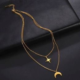 North Star Moon Pendant Necklace For Women Stainless Steel Necklaces Choker Double Layer Jewellery Clavicle Chain Gift