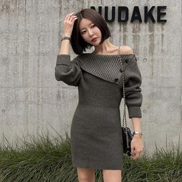 Casual Dresses Knitting Pencil Sweater Dress Diagonal Collar Sexy Short Autumn And Winter Fashion Elegant For Women 2024