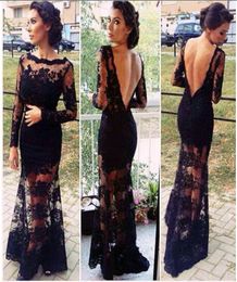 Soiree Evening dress 2015 New Long Sleeves Ruffles Bateau Neck Backless Black Silk Lace Sheer Prom Dresses Mermaid Dresses Gowns XL9111526
