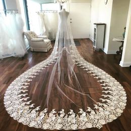 Luxury 2021 Lace Bridal Veils Cathedral Length Long 3D Floral Appliqued Ivory Or White Wedding Veil With Free Comb 298Y