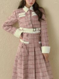 Work Dresses Pink Vintage France Two-piece Set Women Korean Elegant Skirt Suit Winter 2024 Warm Long Sleeve Coat Designer Party Midi