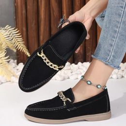 Casual Shoes Designer High Quality Loafers Women Suede Leather Metal Chain Flat Walking Mocasines Driving Shoe