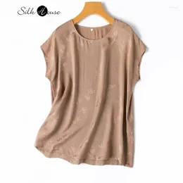 Women's T Shirts 2024 Summer Fashion Natural Mulberry Silk Jacquard Twisted Luo Round Neck Raglan Short Sleeve Loose T-shirt