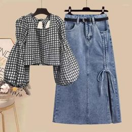 Work Dresses Harajpee Elegant Autumn Set Women 2024 Clothing Age Reducing Slimming Stylish Top Denim Skirt Two Piece Sets