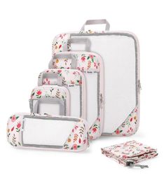 Gonex 6pcs Travel Compression Packing Cubes Set Water Repellent Polyester Flower Printed Travel Clothes Organisers Luggage Bags T25072738