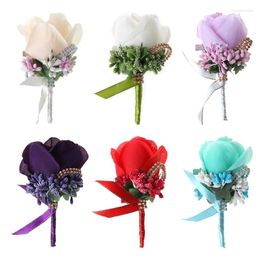 Decorative Flowers Y5LE Rose Boutonniere Corsage Quinceanera Bridal Groom Brooch Pin Wedding Party Decor