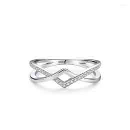 Cluster Rings S925 Sterling Silver Double-layer Geometric V-shaped Cross Design With Diamond Inlaid Ring Female European And