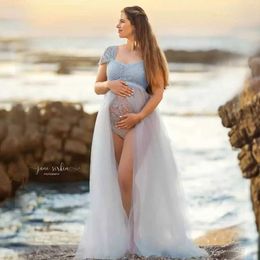 Maternity Dresses Blue pregnant women lace tight fitting clothing photography sheer long dress pregnant women bohemian style dress photography dress H240518