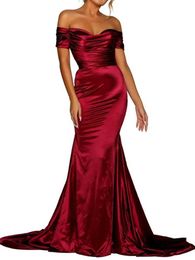 Runway Dresses Off the Shoulder Ruched Stretch Satin Maxi Dress Evening Party Long Slash Neck Elegant Floor Length Gown T240518