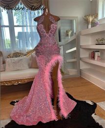Вечеринка платья на заказ розовые хрустальные бисеровины ил ил блестки для черных девушек перья русалка формальное платье на день рождения