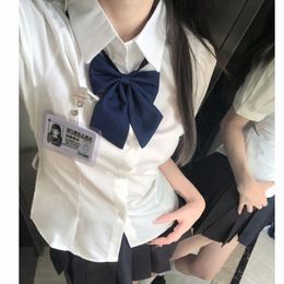 Sexy Girl Short Sleeve Preppy Style Shirts JK Bandage Slim Fit White Blouse Women Y2k Sweet Bow Tie Neck Blouse Tops 240518