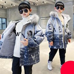 Down Coat Boys Winter Parkas 2024 Clothes Fashion Hooded Letters Print Contrasting Colors Big Fur Collar Children Outerwear