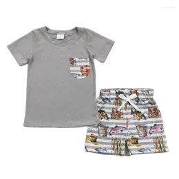 Clothing Sets Baby Boys Fishing Grey Outfits Toddlers Children Short Sleeves Top Print Shorts Kids Summer Boutique Wholesale