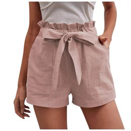 Women's Shorts Summer Cotton Linen For Women Beach Belt Tie Elastic High Waist Short Pants With Pockets Casual Cortos Pantalones