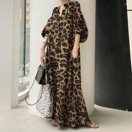 Party Dresses Women Maxi Dress Leopard Print Stand Collar V Neck Oversized Bohemian Style Casual Shirt Full Length Baggy Beach