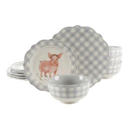 Gingham Grey 12Piece Dinnerware Set 240510