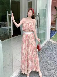 Work Dresses 2024 Summer Women Beach Vacation Skirt Suits Sweet Floral Sexy Camisole Crop Top And Pleated Long Two Piece Set